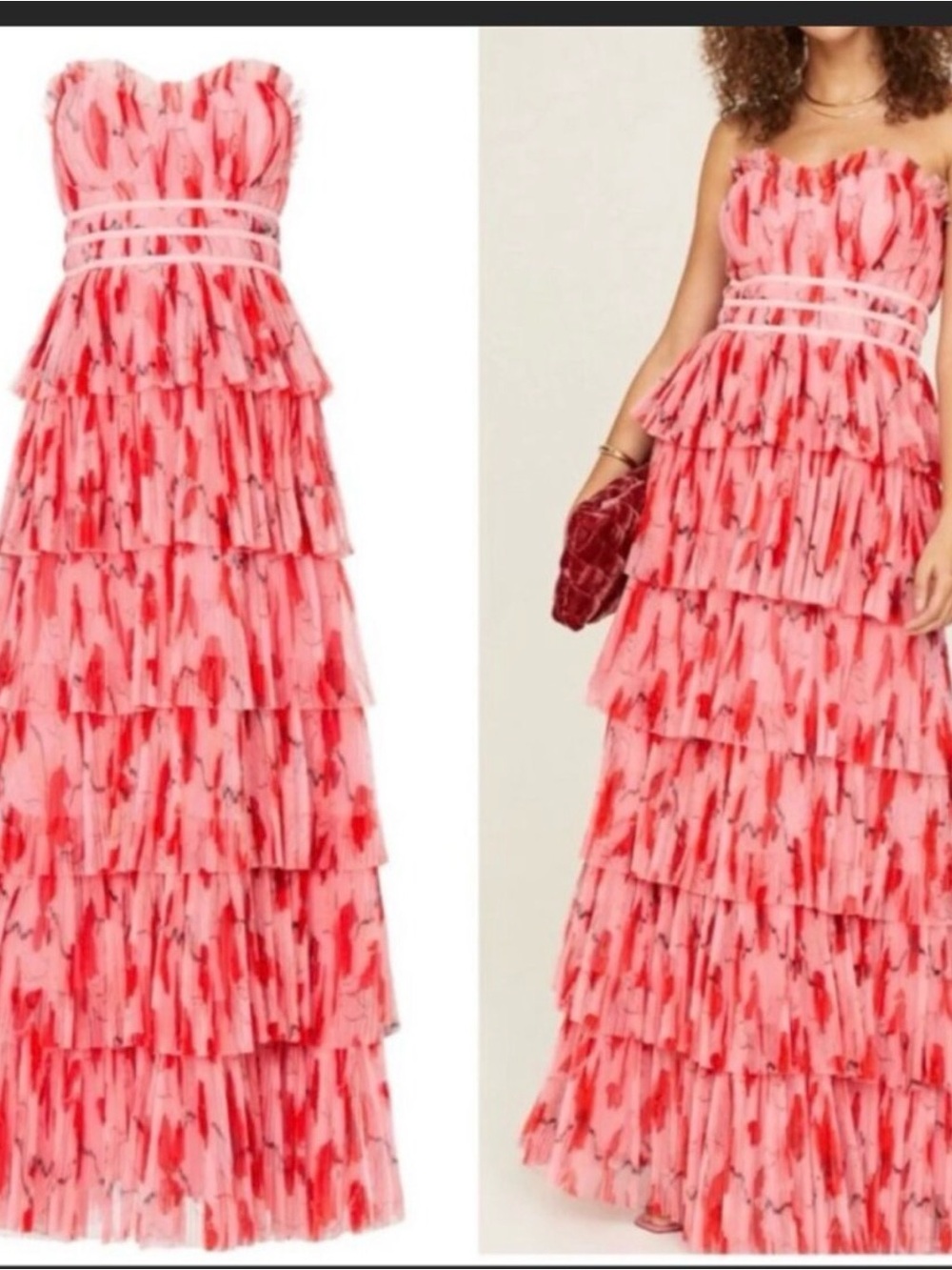 Anthropology Strapless Pink Tiered Ruffle Maxi Dress
